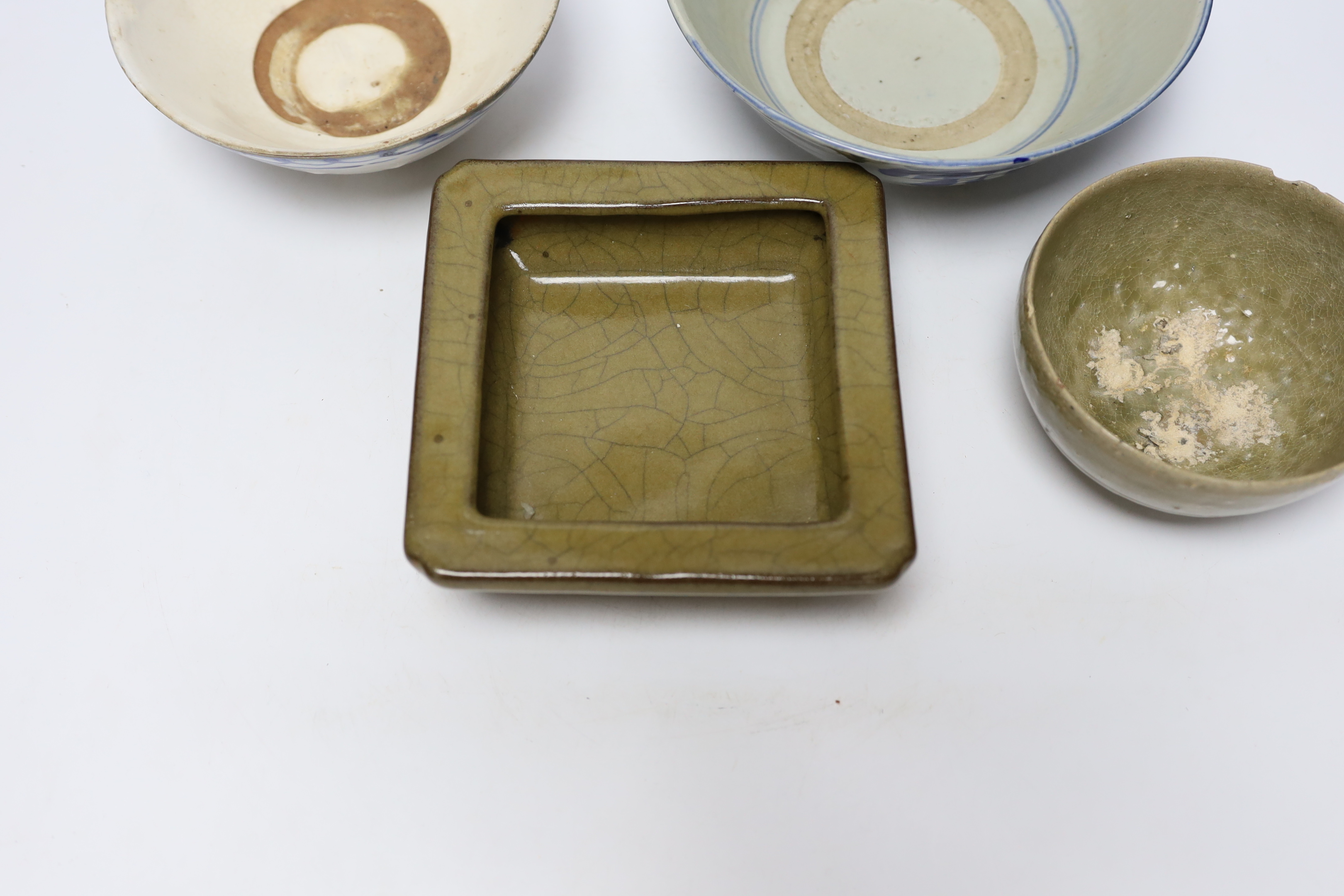 Three Chinese bowls including two blue and white examples, together with a ge ware type square dish, largest 20cm in diameter